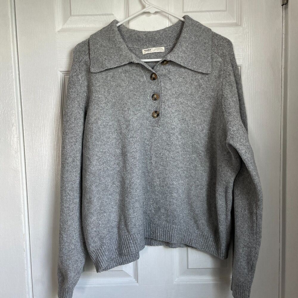 Pull & Bear quarter button collared long sleeve pullover sweater Sz L grey READ